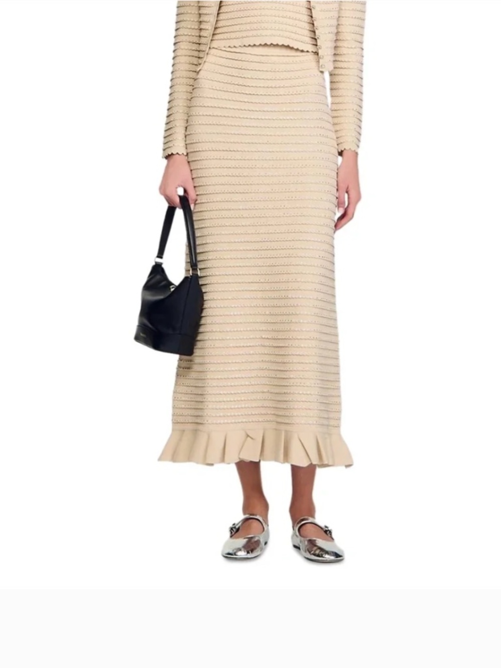 Sandro Merveilleuse Rhinestone Knit Maxi Skirt Beige NWT Size 40